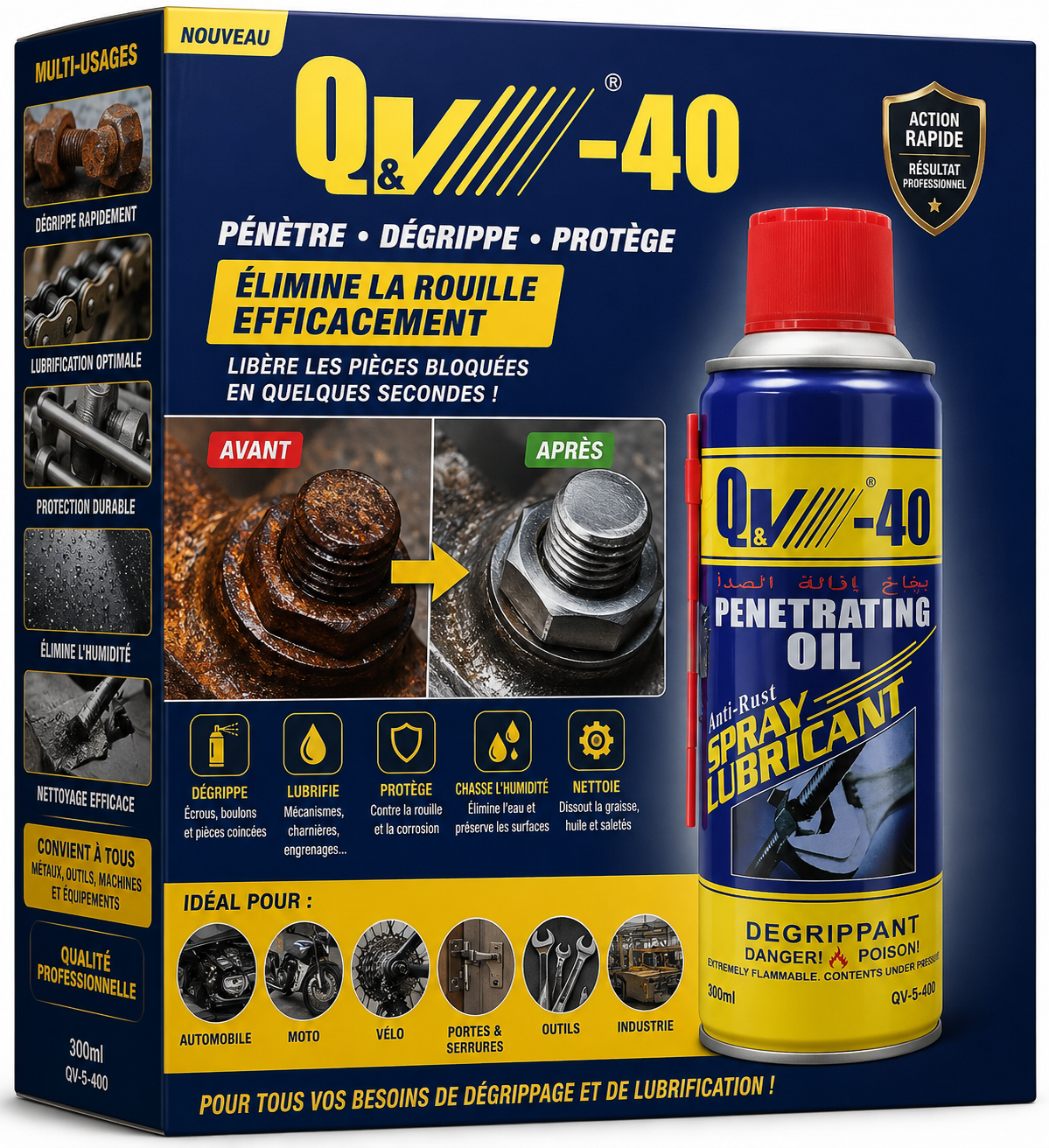 Q&V-40™ – Le Dégrippant Professionnel Qui Libère, Lubrifie et Protège Vos Pièces Métalliques