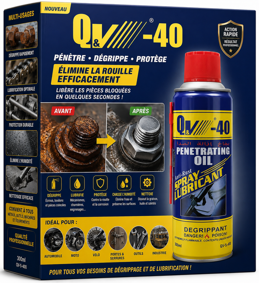 Q&V-40™ – Le Dégrippant Professionnel Qui Libère, Lubrifie et Protège Vos Pièces Métalliques